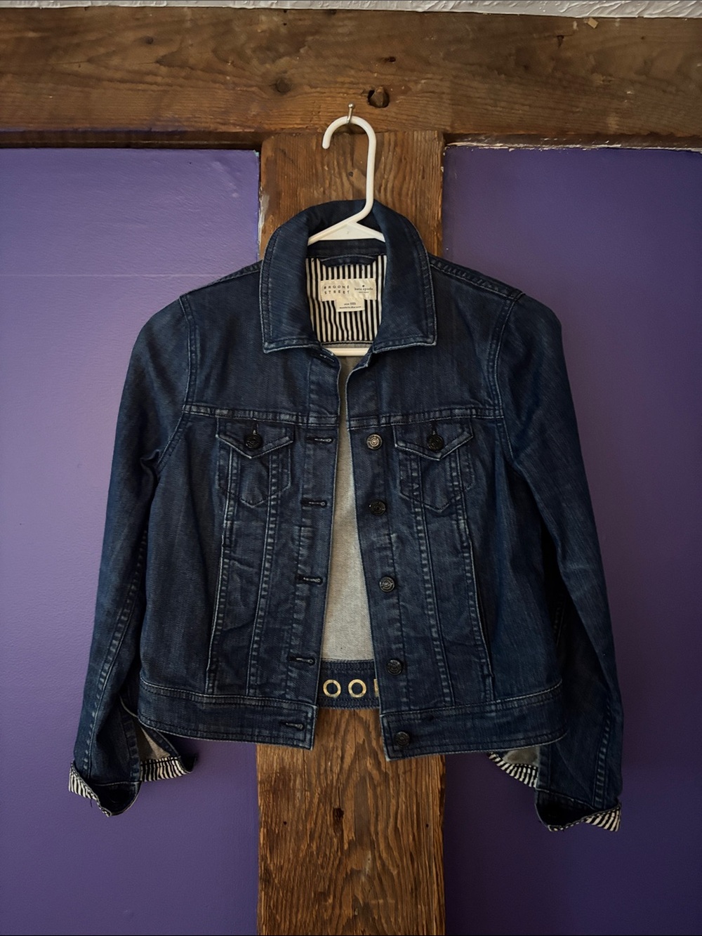 kate spade Dark Wash Denim Jacket with Striped Trim